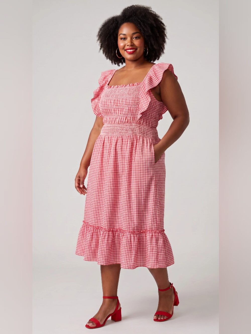 TERRA SKY RED Gingham Ruffle Midi Dress SIZE 4X (28W-30W)
